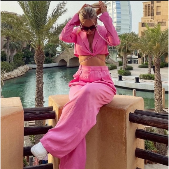 Zara pink satin effect wide leg pants COORD SET - Picture 4 of 7